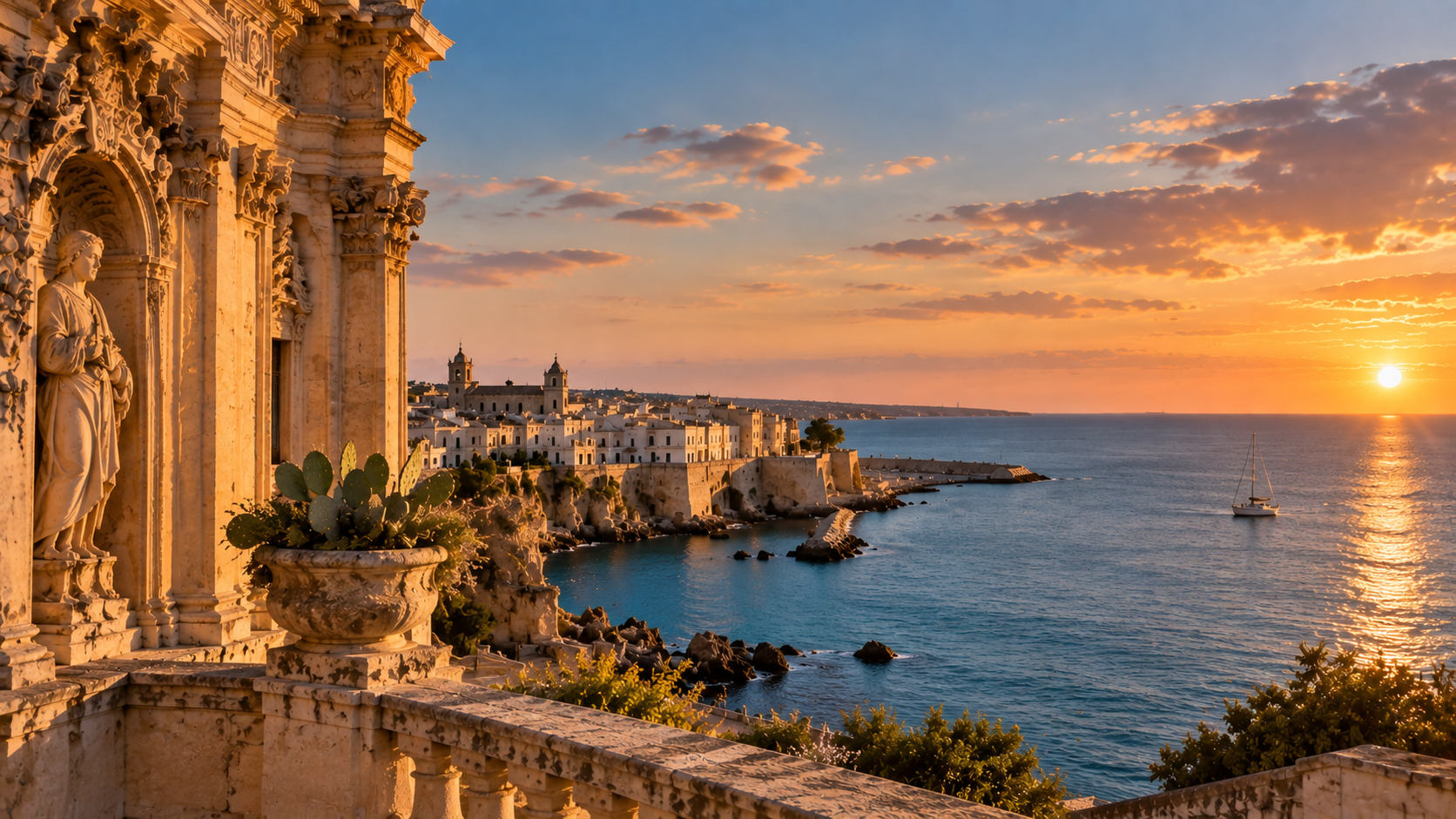 Facciata barocca di Lecce al tramonto sui tetti della città e il mare